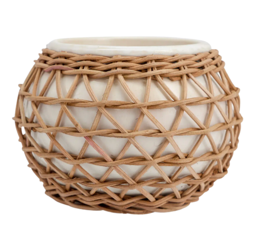 Rattan Wrapped White Vase